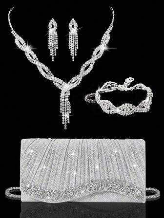 Sparkling Women's Clutch, New Rhinestone Evening Bag, Women's Party Bag, Luxury Envelope Bag, Bridal Wedding Bag, With Sparkling Rhinestone Jewelry Three Pieces Set, Rhinestone Necklace, Earrings, Bracelet, Suitable For Parties, Dinners, Gatherings, Dances, Weddings