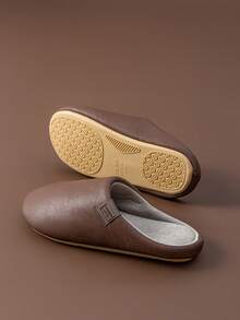 Men's Spring To Summer Faux Leather House Slippers Plush Thermal Lined Memory Foam Indoor Shoes For Men, Non-Slip Comfort - Coffee Brown - View 8