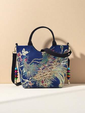 女士亮片刺绣斜挎包，复古风格，配有可拆卸肩带手提包