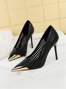法式优雅高跟鞋，百搭低帮镂空编织细高跟金属尖头女式礼服鞋 - 黑色 - 查看 4