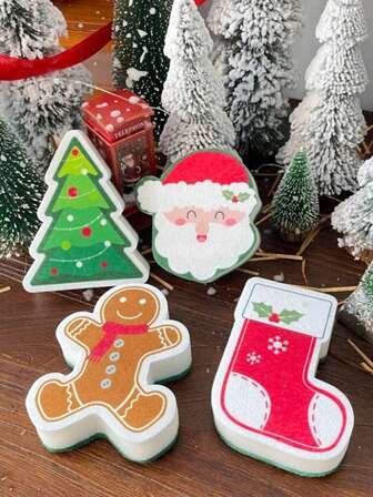 4pcs Christmas Sponge Cleaner, Cartoon Santa Claus & Christmas Stocking & Gingerbread Man Shaped Kitchen Cleaning Scrub, Dishwashing Cloth, Home Cleaning Supplies, Christmas Decor,Kitchen,Bathroom,Home,Household Supplies