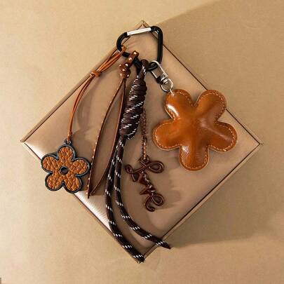 Sunflower Keychain With Beaded Woven Rope Pendant - 5-Pointed Flower Bag Charm & Car Hanging Ornament, Golden-Tone & Brown Boho Charm, Open Loop Closure, Beads - Unique Gift For Mom, Couples Car Accessories For Woman