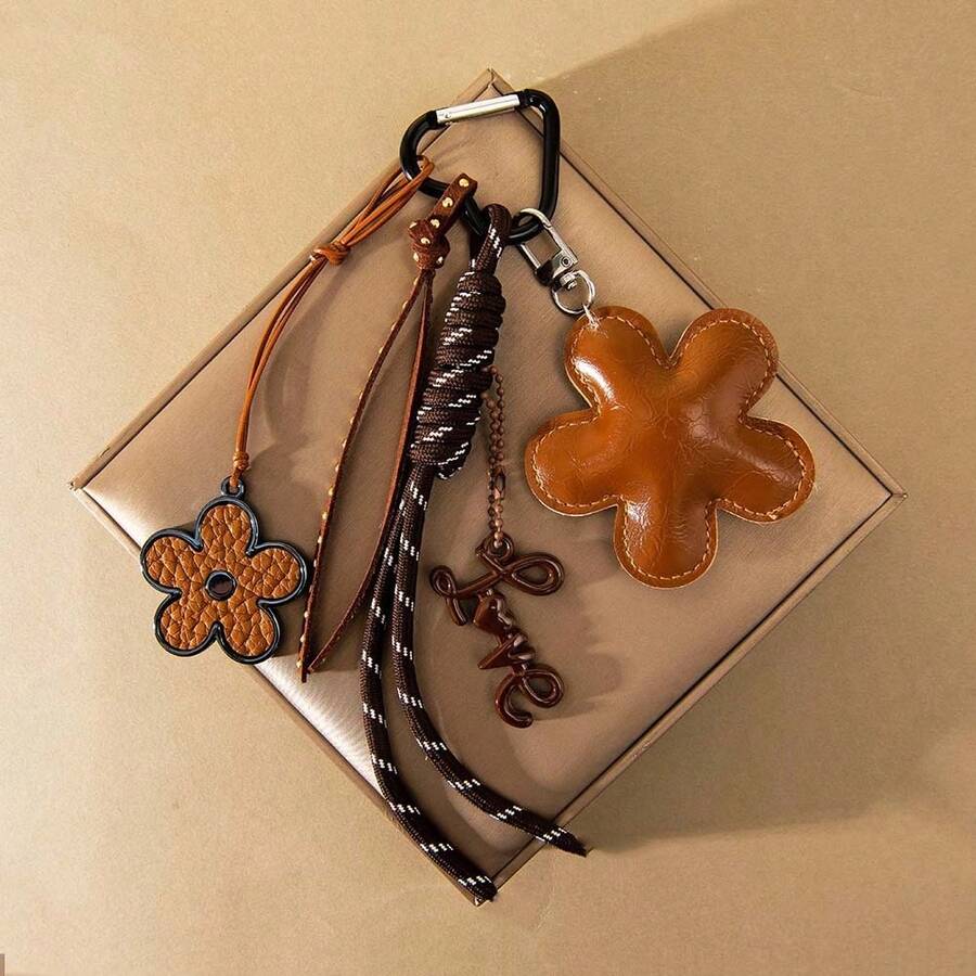 向日葵钥匙扣，串珠编织绳吊坠 - 五角花包包挂饰及汽车挂件，金棕色波西米亚风，开口环扣，串珠 - 送给妈妈的独特礼物，女士情侣汽车饰品 - 彩色 - 查看 1