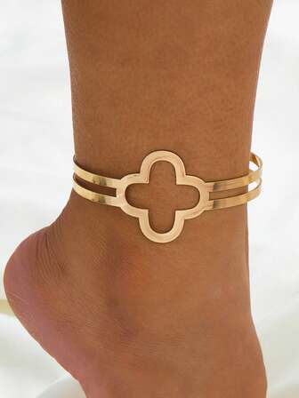 Tobillera minimalista hueca con trébol de cuatro hojas geométrico en capas, joyería para los pies de mujer como regalo para fiestas y vacaciones