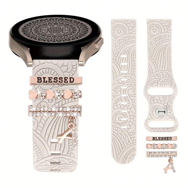 Boho eingraviertes Herbstblumen-Band kompatibel mit Samsung Galaxy Watch 7 Band/FE 6 5 4 40mm 44mm, Galaxy Active 2, 20mm ausgefallenes Designer-Blumenarmband, Ersatzarmband aus weichem Silikon mit 3 Stücke dekorativen Anhängern, Accessoires für Frauen