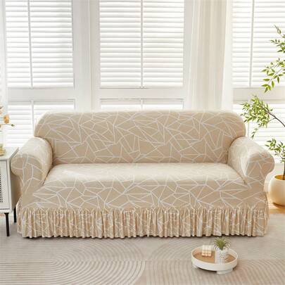 1pc Classic Geometric Print Brushed Sofa Cover, All-Season Universal Sofa Slipcover With Skirt, Full Coverage Sofa Protector, One-Piece Straight Sofa Cover, Suitable For Living Room, Bedroom, Outdoor
