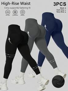 Set de 3 piezas de leggings de cintura alta sin costuras con control de abdomen, hechos de tela elástica y transpirable. Adecuados para entrenamientos en el gimnasio y uso diario, con efecto de cintura ceñida y levantamiento de glúteos.
