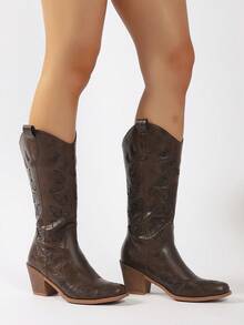Brown Western Style Fashion Square Toe Butterfly Embroidery Chunky Heel Pull-On Mid-Calf Cowboy Boots For Women, Autumn/Winter - Dark Brown - View 6