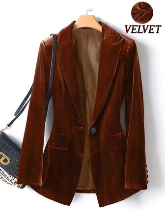 Women's Casual Slim Fit Single-Breasted Long Sleeve Velvet Blazer Jacket, Suitable For Commuting, Autumn/Winter