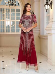 Vestido de noche elegante para dama de honor decorado con lentejuelas - Rojo - Ver 2