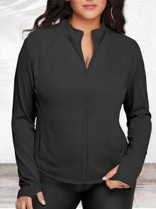 Plus Size Women's Sports Jacket, Solid Color Slim Fit Sports Jacket With Thumb Hole Cuffs, Side Pockets, Breathable Stretchy Long Sleeve Yoga Running Fitness Jacket