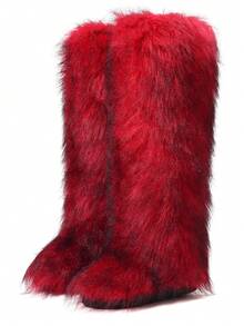 Women Fashionable Winter Christmas Furry Knee High Long Boots Pull-On Faux Fur Round Toe Boots Warm Knee High Boots Outdoor Flat Shoes Party Casual Winter Fall Boots - 紅色 - 查看 5