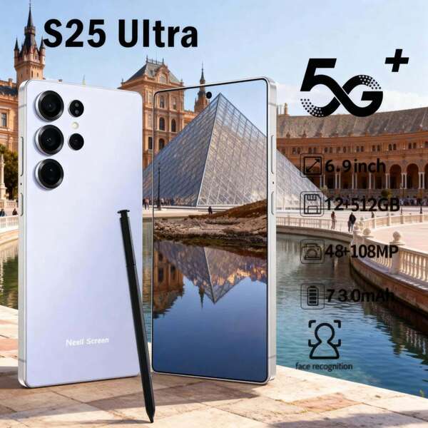W&O Smartphone Android S25 Ultra sbloccato Dual SIM con Android 14, 12 GB + 512 GB di RAM, display HD da 7,3 pollici, batteria da 7300 mAh, fotocamera da 108 + 48 MP, sblocco facciale, GPS, stilo integrato, include cuffie, custodia, cavo Type-C, pellicola protettiva per lo schermo, regalo di Natale e compleanno, compagno di viaggio, struttura premium, telefono con schermo grande, telefono Dual SIM, telefono con display HD, cercatori di regali, studenti