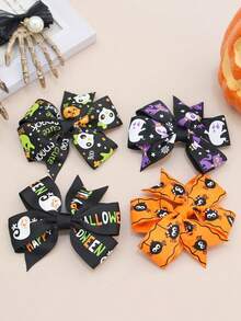 4件套万圣节南瓜混色发夹，3.5英寸蝴蝶结、骷髅头、蜘蛛、南瓜装饰发饰，适合女孩