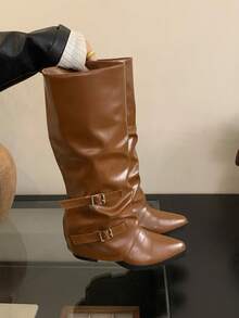 Brown Retro Western Cowgirl Pointed Toe Ankle Boots, Autumn/Winter Double Breasted High Shaft Riding Boots, Over-The-Knee Chunky Heel Tall Boots,Cowboy Boots