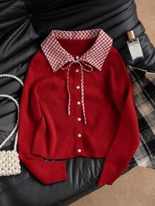 女士休闲格子拼布翻领系带长袖针织开衫，秋冬 - 紅色 - 查看 6