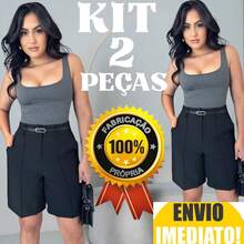 kit 2 short bermuda alfaiataria feminino ENVIO IMEDIATO ACOMPANHA CINTO - Preto Y Preto +1 Cinto - Visão 3