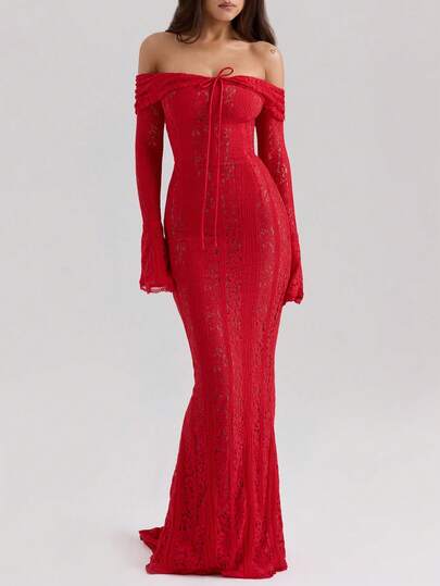 Weihnachtsparty Kleid Frauen Off-Shoulder Bodycon Langarm Spitzenkleid Herbst und Winter Durchsichtiges Maxikleid Elegant Rotes Abend Cocktail Ausgehkleid Sexy Kleidung
