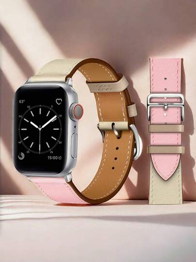1PC Ladies Fashion Casual Leather Watch Band Watch Strap Accessories Compatible With IWatch 49mm 46mm 45mm 44mm 42mm 41mm 40mm 38mm, Beige & Pink Leather Watchbands Compatible With Apple Watch Series Ultra3/2/1 11 SE3 10 9 8 7 6 5 4 3 2 1, Stylish Replacement Strap For Women's Daily Wear & Business Occasions