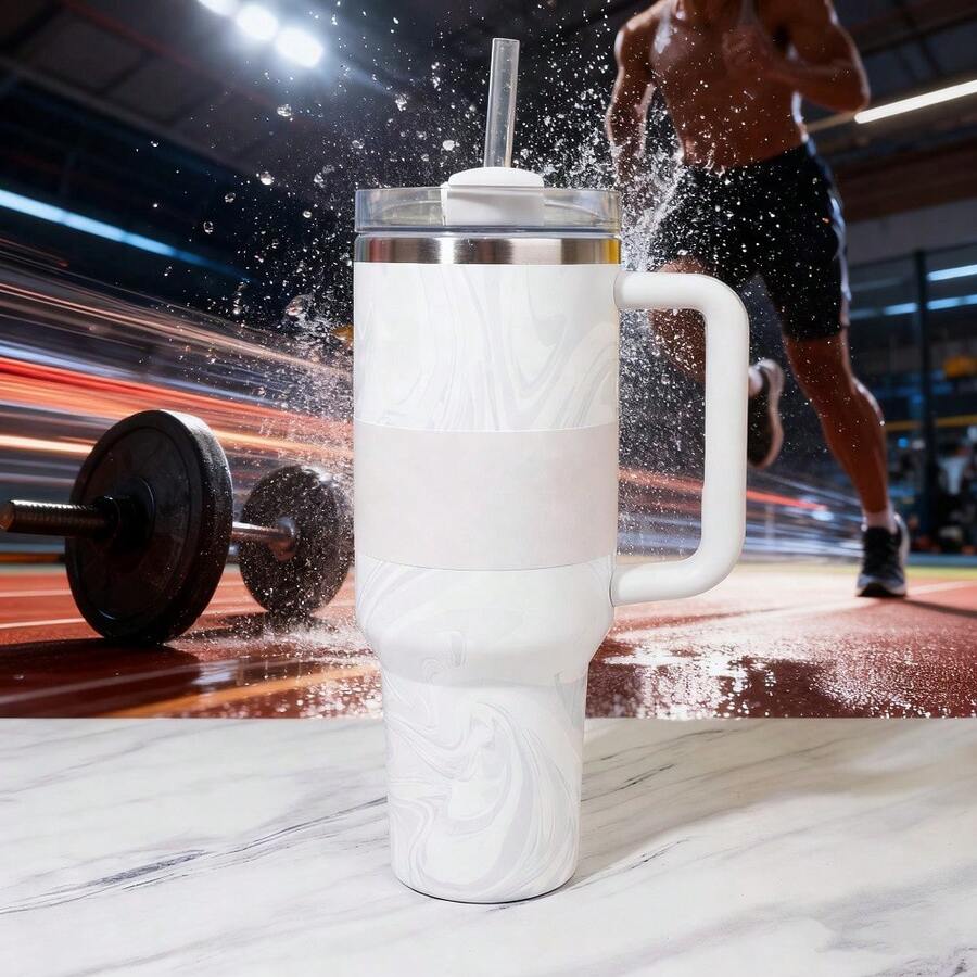40 Oz H2.0 Tumbler With Handle, Double Walled Vacuum Insulated Stainless Steel Water Bottle Premium Summer Drinkware Portable Handy Flask Travel Mug Iced Coffee Cup For Outdoor Camping, Hiking, Driving, Travel, Perfect Gift Idea - 灰色條紋 - 查看 1