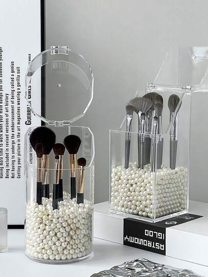 1pc Makeup Brush Holder With Lid,Dustproof Cosmetic Brush Organiser Storage Box,Minimalist Plastic Square Pen Holder And Makeup Brush Storage Bucket,Transparent Cosmetic Storage For Bedroom And Home Essentials,Display Cases Protect Brushes Storage (No Pearls)