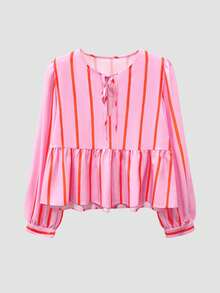 时尚优雅条纹荷叶边下摆休闲衬衫，适合海滩、度假、旅行 - 粉色 - 查看 7