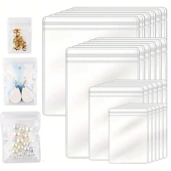 20/100 piezas Bolsas con cremallera de PVC de 4 tamaños, bolsas transparentes para almacenamiento y empaque de aretes, anillos y accesorios, con sello resistente