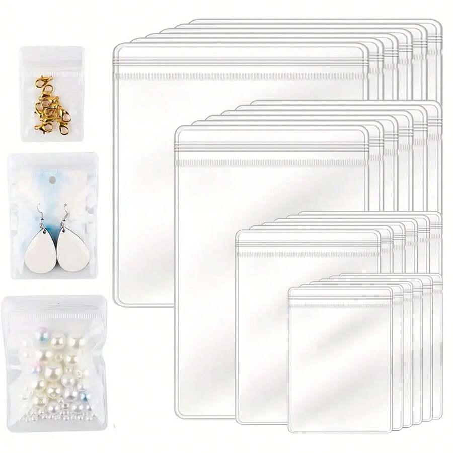 20/100 piezas Bolsas con cremallera de PVC de 4 tamaños, bolsas transparentes para almacenamiento y empaque de aretes, anillos y accesorios, con sello resistente