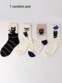 1/5 أزواج جوارب طاقم نسائية عشوائية، جوارب بنمط قطة كرتونية جميلة، جوارب قطط كورية أنيقة مناسبة للحفلات والمنزل والخروج في فصلي الخريف والشتاء