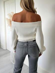 Women's Off-Shoulder Ribbed Knit Pullover Sweater, V-Neck Basic Short Top