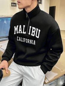Manfinity Hypemode Sudadera con media cremallera y hombros caídos con gráfico de letras para hombre, otoño - Negro - Ver 1