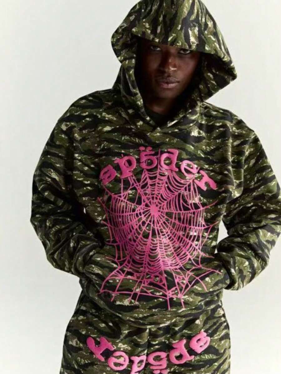 Tiger Green Camouflage Hooded Sweater Men's Spider Web Foam Loose Hoodie Jacket - 2813綠迷彩 - 查看 1