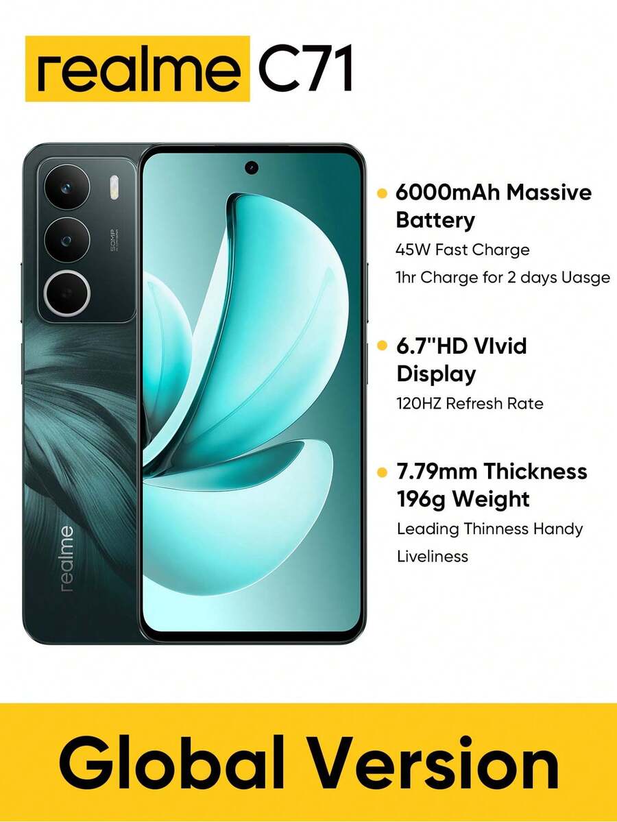 Realme C71 智慧型手機 6GB+128GB/8GB+256GB 全球版 4G LTE，Android 15 解鎖手機，50MP AI 相機，120Hz 螢幕手機 Plus Light，6000mAh 大電池，45W 快充，八核心晶片，不含適配器 - 綠色 - 查看 1