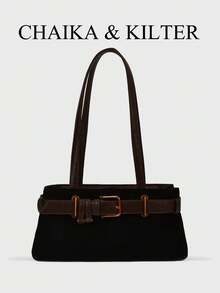 CHAIKA & KILTER 1 chiếc túi đeo vai bằng da PU trơn màu, túi đeo vai thời trang cổ điển có dây đeo trang trí, khóa kéo, quai xách đôi, thích hợp sử dụng hàng ngày - màu đen - Xem 5