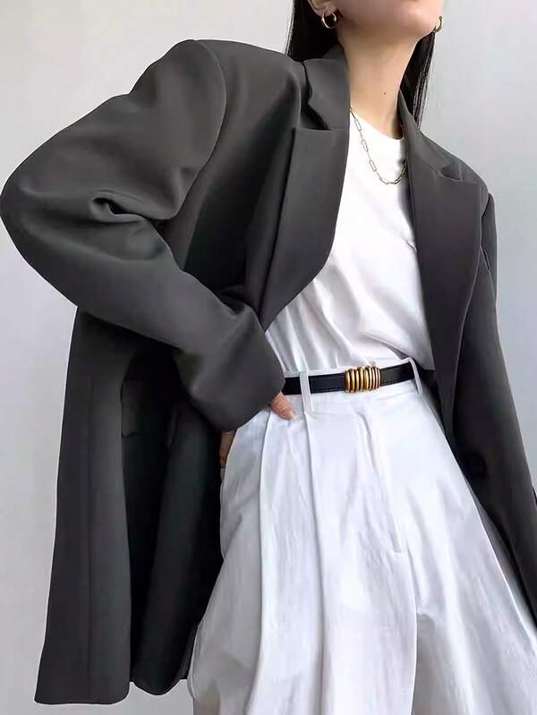 Damska swobodna, szara, melanżowa, jednorzędowa marynarka