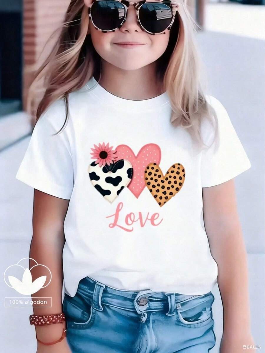 Esta elegante y nueva camiseta de manga corta para niña, 100 % algodón, luce un bonito estampado de corazones. Hecha de tela suave, esta camiseta holgada y versátil es cómoda y agradable al tacto. Ya sea para una reunión familiar, una actividad escolar o para jugar, esta camiseta permite que tu hija se mueva con libertad y comodidad. - Blanco - Ver 1