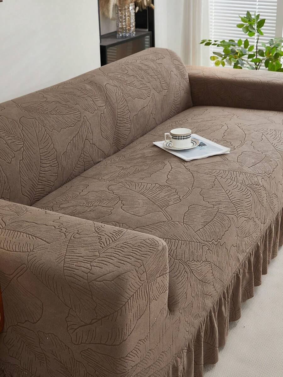 1pc Jacquard Leaf Pattern Ruffled Elastic Sofa Cover, Dust-Proof And Dirt-Resistant, Stretch-To-Fit Full Coverage Sofa Protector, Home Decor, Machine Washable, Pillow Cover Not Included - Coffee Brown - View 1