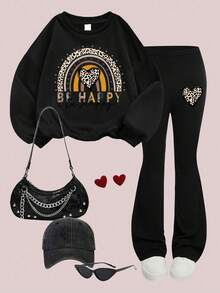 2pcs Set Teen Girl Heart - Element Set, Comfortable Fabric, Spring & Autumn Street Activity & Daily Style - Black - View 2