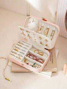 1个便携式旅行首饰盒，女士首饰收纳盒，拉链首饰收纳盒，家用首饰收纳盒，优雅的耳环、首饰、戒指、项链、手镯收纳盒，返校季礼物，难忘的节日礼物，伴娘礼物，旅行必备，双层迷你展示收纳盒，母亲节礼物 - 米色 - 查看 6