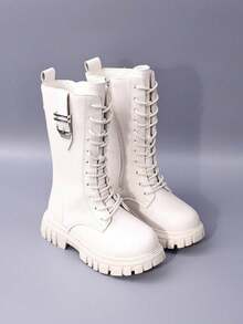 女童高筒靴，新款秋冬英伦风儿童靴，中筒及膝公主靴，适合大童，侧拉链厚底高帮靴，防滑皮靴 - 白色 - 查看 2