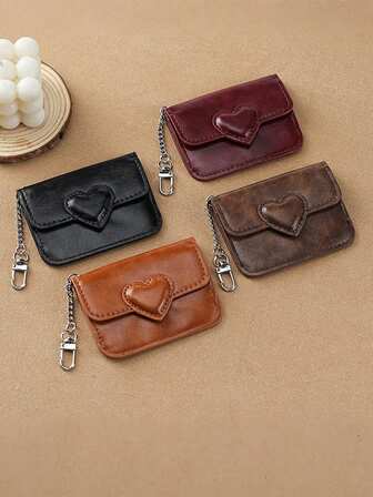 1pc Oiled Leather Heart Shaped Coin Purse, High-End Mini Wallet With Multiple Card Slots, Magnetic Protection, Suitable For Boys, Girls, Daily Use