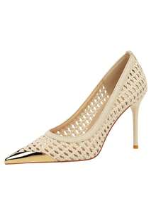 Elegant French Style Pointed Toe Hollow Woven Stiletto High Heel Pumps, Versatile Ladies Party Shoes - Apricot - View 9