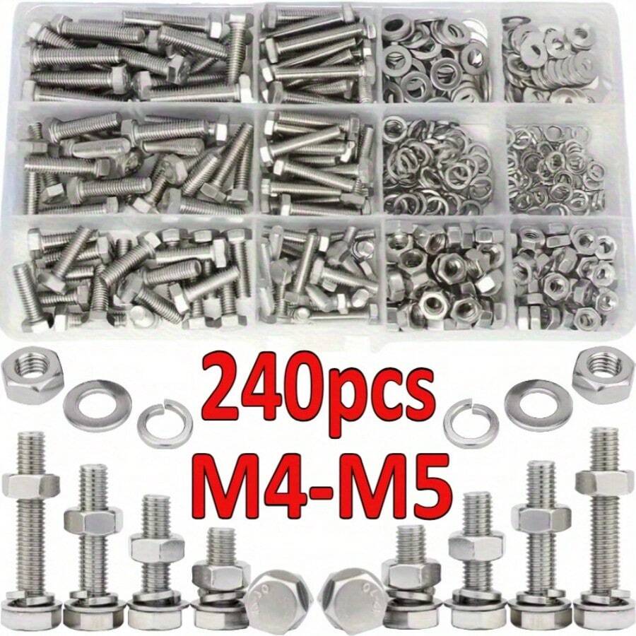 240 piezas Juego de pernos y tuercas hexagonales de acero inoxidable - Duradero, resistente a la corrosión con tamaños M4 y M5 para uso versátil - Multicolor - Ver 1