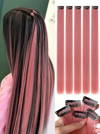 Femdelat set med raka hårförlängningar med rosa 22-tums värmebeständiga syntetiska hårspännen, lämpliga för kvinnors jul-, halloween-fester och dagligt bruk