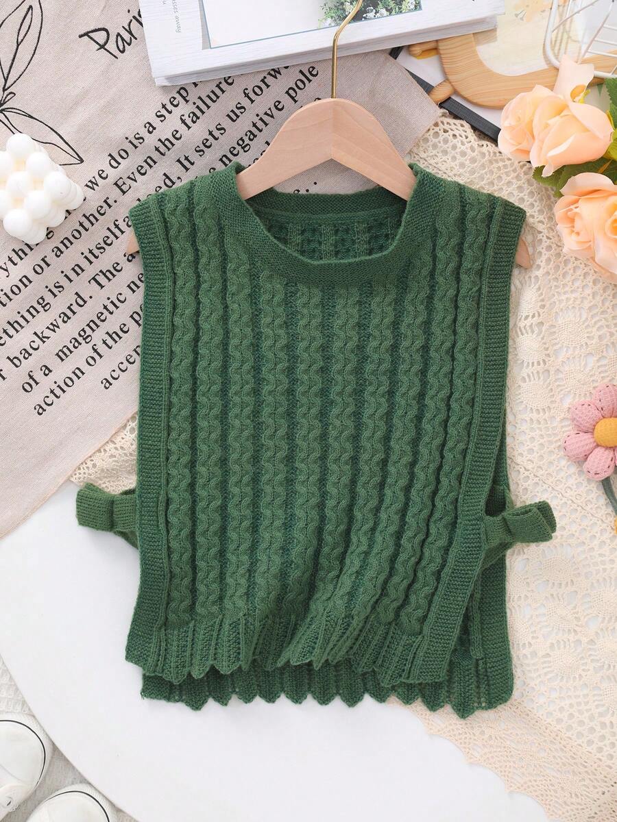 Girls' Round Neck Knitted Vest With Bow Design, Solid Color, Spring/Summer/Autumn - Green - View 1