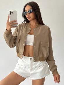 Chaqueta piloto oversize informal con botones y hombros caídos para mujer, Chaqueta de mujer, chaqueta corta de mujer - Caqui - Ver 1