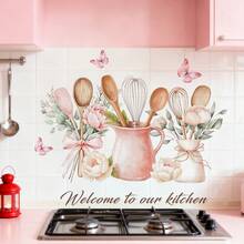 1/3/5片装春季厨房主题墙贴，花卉厨具蝴蝶图案，PVC材质，自粘可移除，家居厨房墙面装饰，烘焙工作室装饰，春季厨房焕新，家庭用餐场景氛围装饰贴纸 - 多色-牆貼 - 查看 2