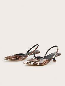 Women's Leaf Print Kitten Heel Shoes, Elegant Pointed Toe High Heels, Fashion Ankle Strap High Heels (Random Cut) - Brown - View 3