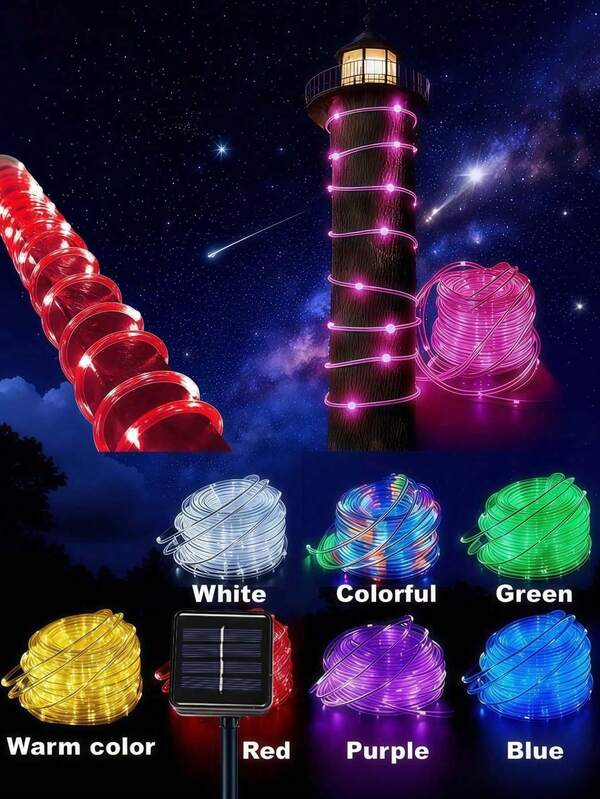 A Colorful LED Light Tube, Christmas Decorative Solar Light Tube, Available With 50/100/200/300 Bulbs, With Options For Warm Color/Multicolor/White/Blue/Green/Red/Purple/Pink And Various Styles To Choose From. Fun Outdoor Garden Party Decorative Lights With 8 Flashing Modes, Solar Powered, Rainproof, And No Wires Needed.