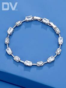 DV JEWELRY 1pc Artificial Zirconia White & Colorful Stone Bracelet, White Gold Plated Luxury Women's Bracelet, Elegant Jewelry For Date, Wedding, Party, Anniversary, Women's Gift - Silver - View 4